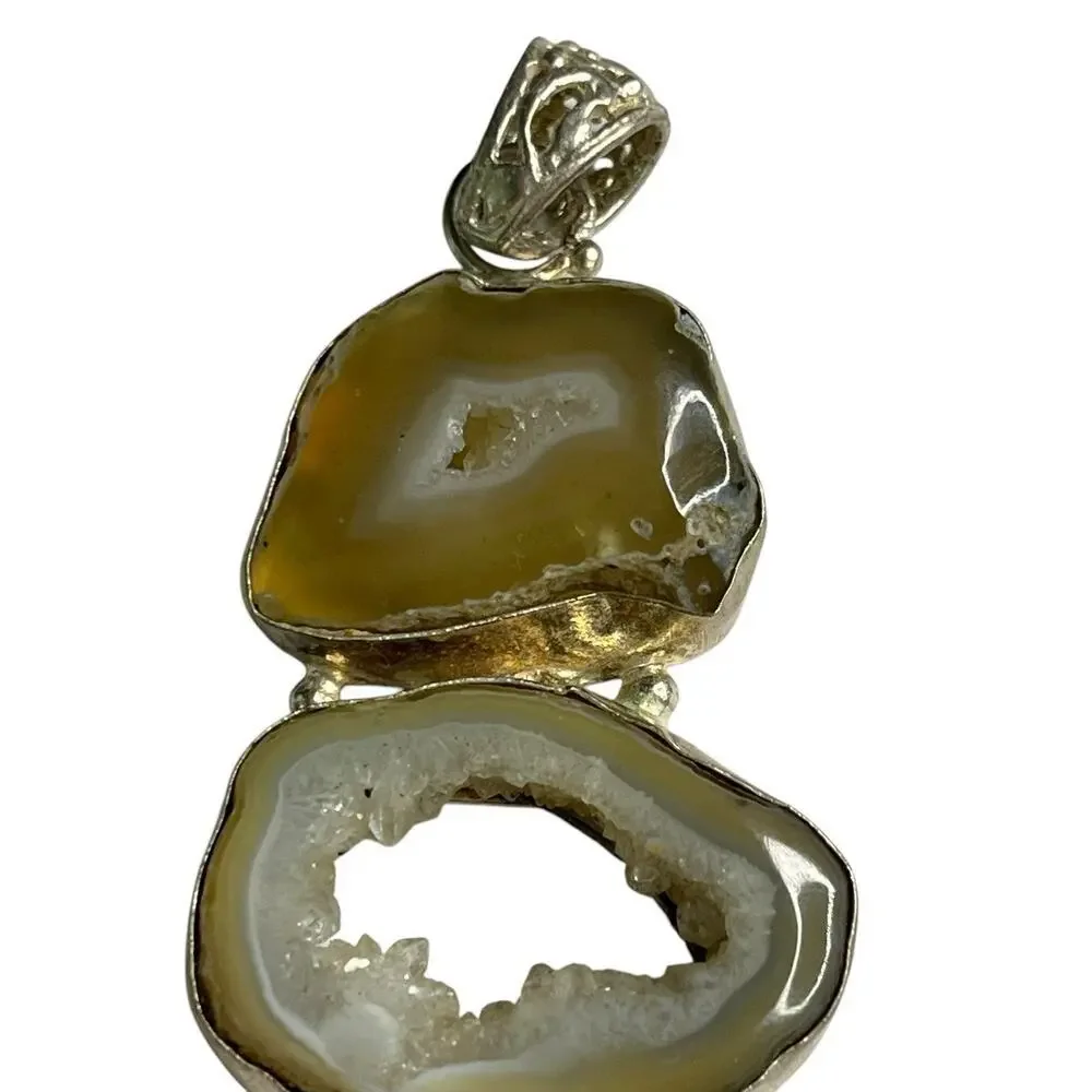 Natural Geode Agate Trio Pendant Sterling Silver 925 Earth Tone Green Gray Brown